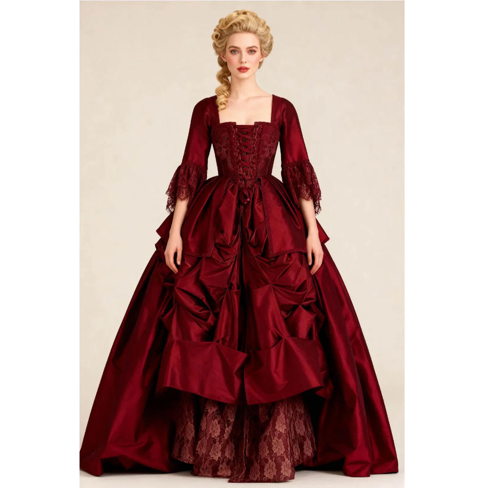 Attitude Corsets - Jolena Rococo Marie Taffeta Langes Korsett Kleid - Bordeauxrot
